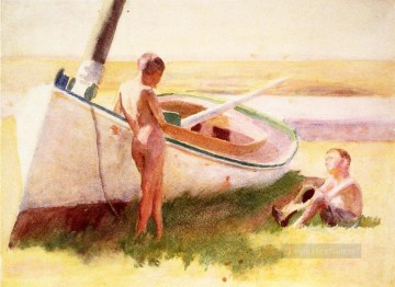  naturalistic Oil Painting - Two Boys by a Boat naturalistic Thomas Pollock Anshutz
